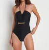 L Agence Leila Halter One Piece Swimsuit In Black And Gold Belt