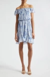 L Agence Leonie Silk Off-the-shoulder Dress In Blue Multi Denim Print