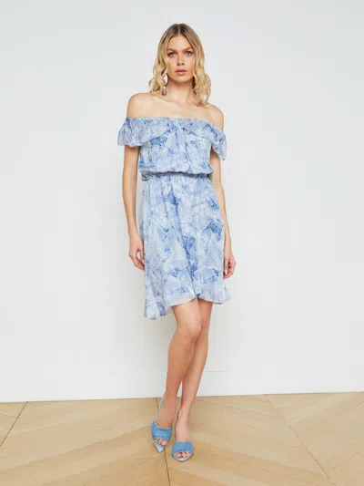 L Agence Leonie Silk Off-the-shoulder Dress In Blue Multi Denim Print