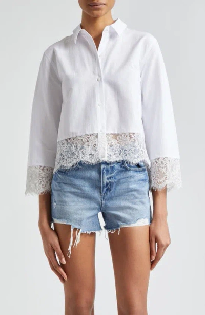 L Agence Levo Lace Trim Crop Button-up Shirt In White
