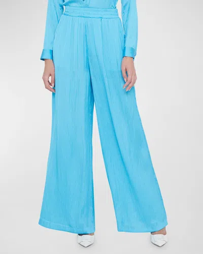 L Agence Lillian Crinkled Satin Wide-leg Pants In Blue
