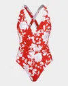 L Agence L'agence Lisa Ikebana Belted Floral One-piece Swimsuit In Rouge