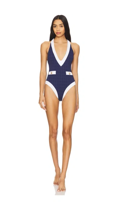 L Agence Lisa Plunge One Piece Swimsuit In Color Block Chic Marine