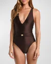 L Agence Lisa Shimmer Plunge One-piece Swimsuit In Chocolate