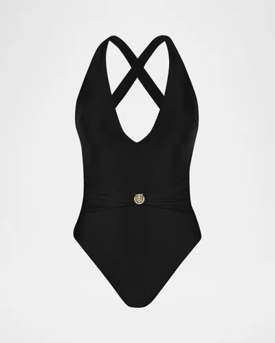 L Agence Lisa Solids Plunge One-piece Swimsuit In Black