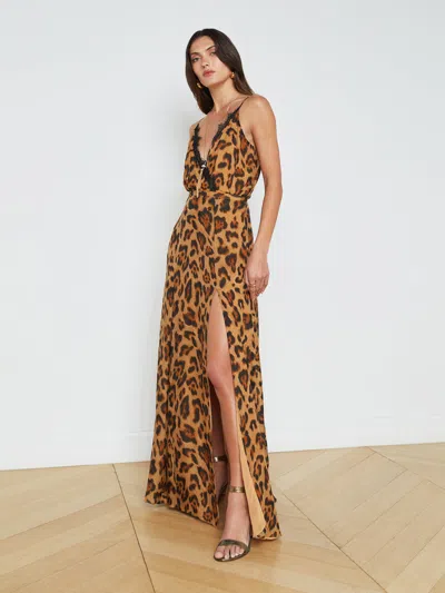 L Agence Luca Silk Slit-front Skirt In Brown Multi Sahara Leopard