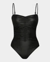 L Agence Luxe Leather Aubrey Ruched One-piece Swimsuit In Black