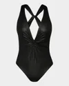 L Agence Luxe Leather Hadley Twist Plunge One-piece Swimsuit In Black
