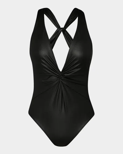 L Agence Luxe Leather Hadley Twist Plunge One-piece Swimsuit In Black
