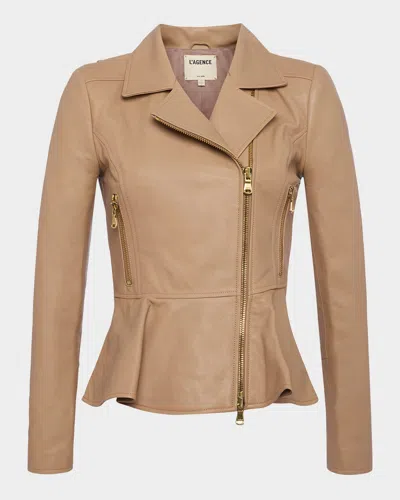 L Agence Lyric Peplum Leather Biker Jacket In Cappuccino