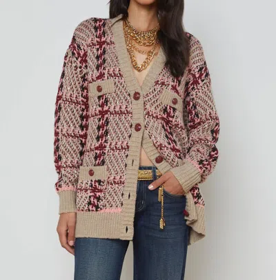 L Agence Macie Houndstooth Cardigan In Natural/pink/burg/black Sequin