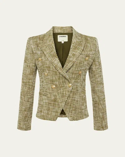 L Agence Marie Herringbone Double-breasted Blazer In Army/ecru Herringbone