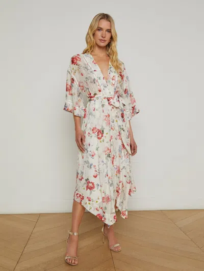L Agence Miki Silk Dress In Ivory Multi Watercolor Dusty Floral