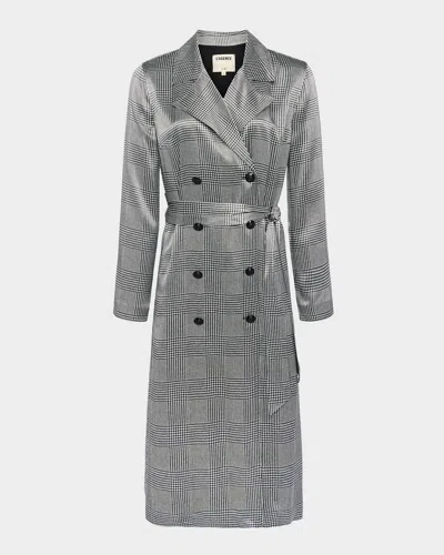 L Agence Moda Satin Trench Coat In White/black Glen Plaid