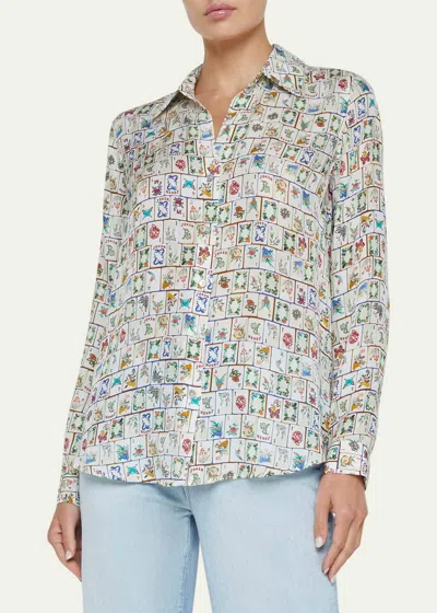 L Agence Nina Button-front Silk Blouse In Vintage White Multi Mahjong