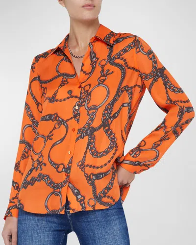 L Agence Nina Button-front Silk Blouse In Orange Mlt Buckle Chain