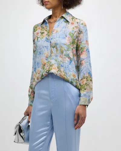 L Agence Nina Floral Silk Blouse In Blue
