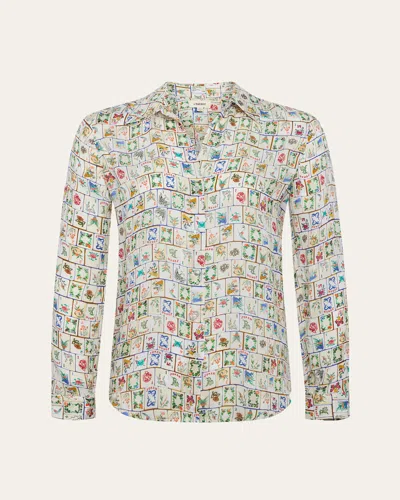 L Agence Nina Mahjong Button-front Silk Blouse In Vintage White Multi Mahjong
