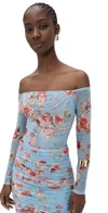 L'agence Peonie Off Shoulder Thong Bodysuit Lt Blue Tapestry Floral In Lt Blue Tapestry Floral