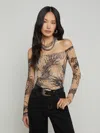 L Agence Peonie Off-the-shoulder Bodysuit In Beige/black Dragon Tattoo