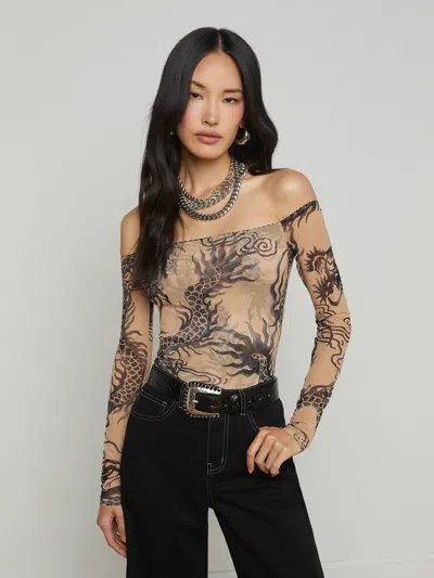 L Agence Peonie Off-the-shoulder Bodysuit In Beige/black Dragon Tattoo