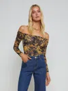 L Agence Peonie Off-the-shoulder Bodysuit In Black/gold Barocco Swirl