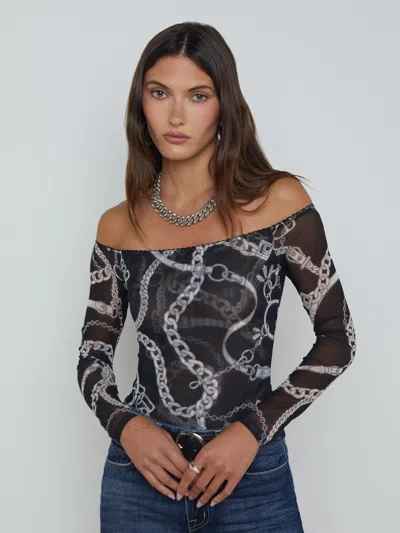L Agence Peonie Off-the-shoulder Bodysuit In Blackwhite Buckle Chain