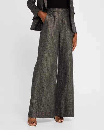 L Agence Pilar Metallic Herringbone Wide-leg Pants In Greygold Lurex