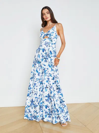 L Agence Porter Twist-front Dress In White/blue Tonal Butterflies