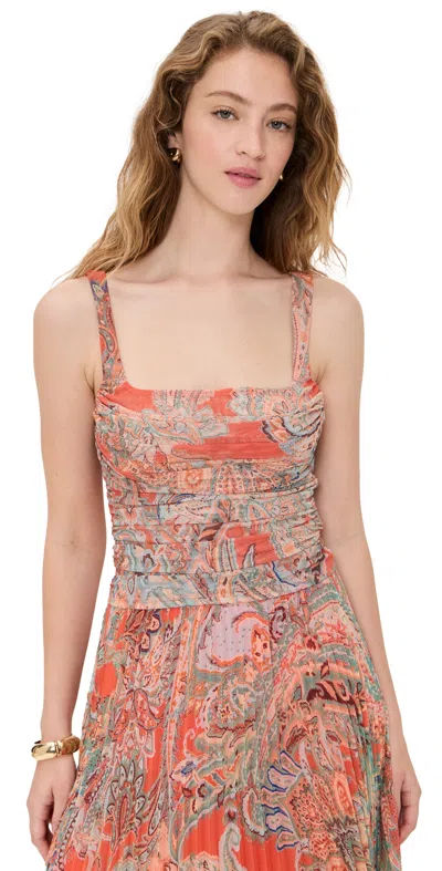 L'AGENCE RASHA SHIRRED TANK ORANGE/LIGHT BLUE PAISLEY