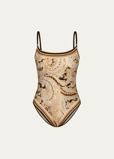 L Agence Remi Paisley One-piece Swimsuit In Chocolate