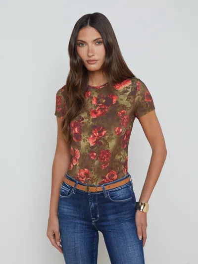 L Agence Ressi Fitted Tee In Army/pink Floral Cheetah
