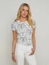 L Agence Ressi Fitted Tee In V White Blue Scroll Toile