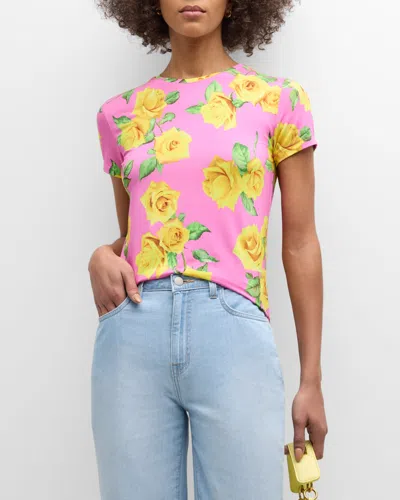 L Agence Ressi Short-sleeve Rose Tee In Shocking Pink/yellow Roses