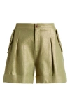 L Agence Safari Cotton-linen Short In Oil Green/gold