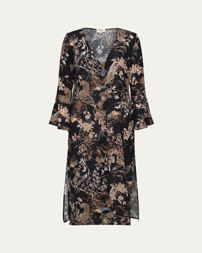 L Agence Sara Jungle Sheer Chiffon Long-sleeve Maxi Dress In Black
