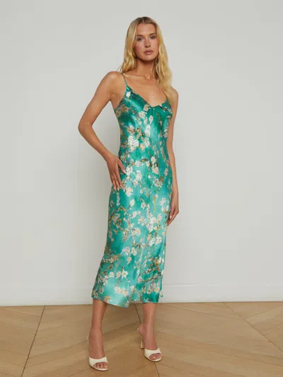 L'agence Cherry Blossom Seridie Mid-length Slip Dress In Teal Multi Cherry Blossom