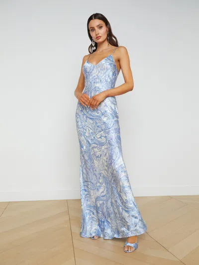 L Agence Serita V Neck Silk Maxi Dress In Ivory/blue