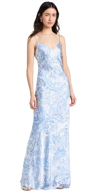 L Agence Serita V Neck Silk Maxi Dress In Ivory/blue Decorated Paisley