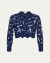 L'agence Seychelle Floral Eyelet-embroidered Cropped Shirt In Blue