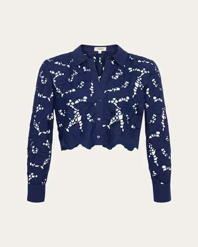 L Agence Seychelle Floral Eyelet-embroidered Cropped Shirt In Blue