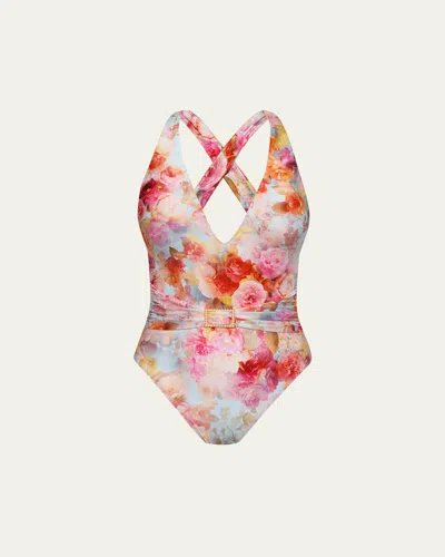 L'agence Soft Cloud Floral Lisa Plunge One-piece Swimsuit In Multi
