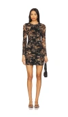 L Agence Tapestry Jungle Sunny Ruched Mesh Mini Dress In Black