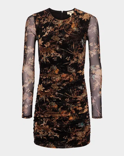 L Agence Tapestry Jungle Sunny Ruched Mesh Mini Dress In Blk Mlti Tapestry Jungle Print