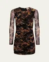 L Agence Tapestry Jungle Sunny Ruched Mesh Mini Dress In Blk Mlti Tapestry Jungle Print