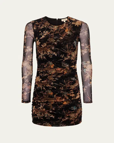 L AGENCE TAPESTRY JUNGLE SUNNY RUCHED MESH MINI DRESS