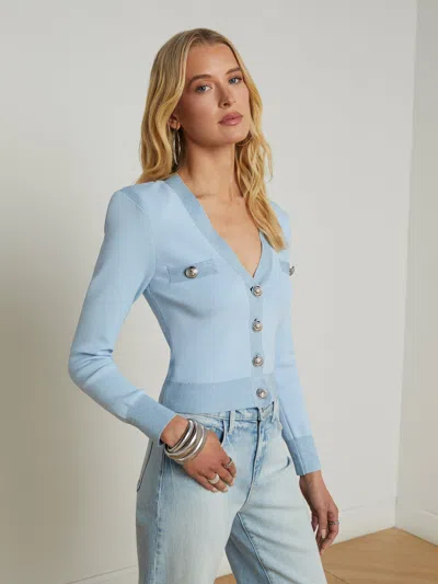 L Agence Taya V-neck Cardigan In Blue Fog Lurex/nickel
