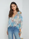 L Agence Teagan Printed Blouson Sleeve Blouse In Light Blue Multi Renaissance