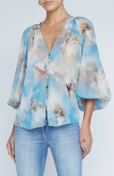 L Agence Teagan Printed Blouson Sleeve Blouse In Light Blue Multi Renaissance