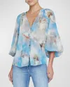 L Agence Teagan Printed Blouson Sleeve Blouse In Lt Blue Multi Renaissance